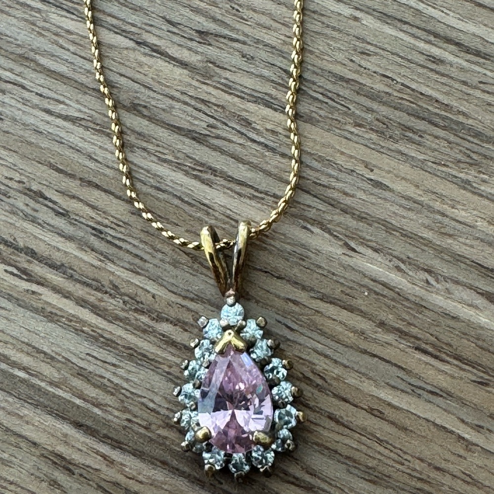 Gold Teardrop Pink CZ Pendant Necklace